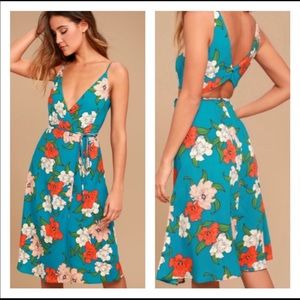 Lulu’s Country Club Teal Floral Print Wrap Dress S